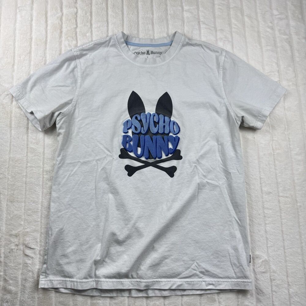 Psycho Bunny T-Shirt Men's Size 5 Medium 3D Rise Logo Graphic Print White Crew